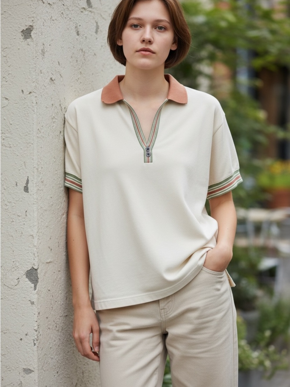 Ping Vintage Retro Cream Polo Golf Top with Rust Collar and Green Pink Trim L